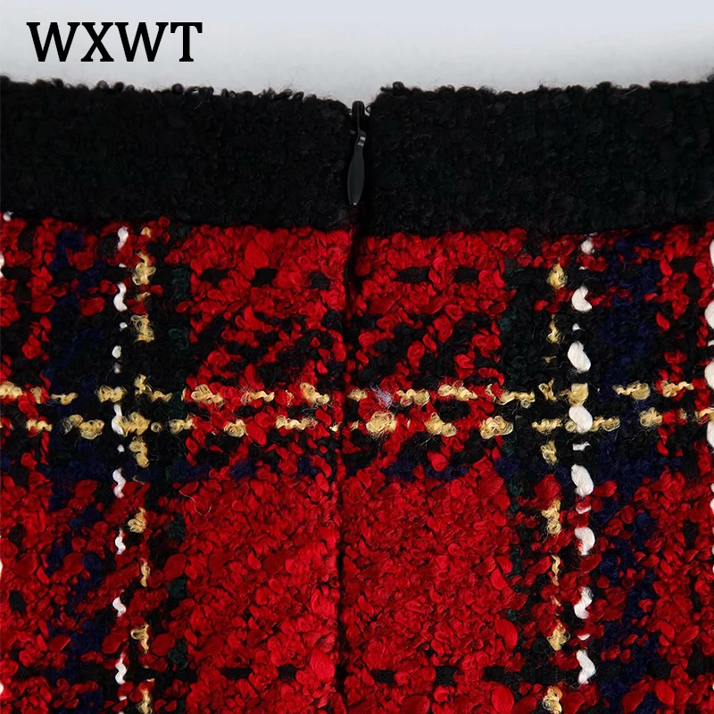 

WXWT 2021 Spring Autumn Women Red Plaid Tweed Skirt Suit 2 Piece Set Ladies Vintage Blazer Skirt Sets Outfits BB32434