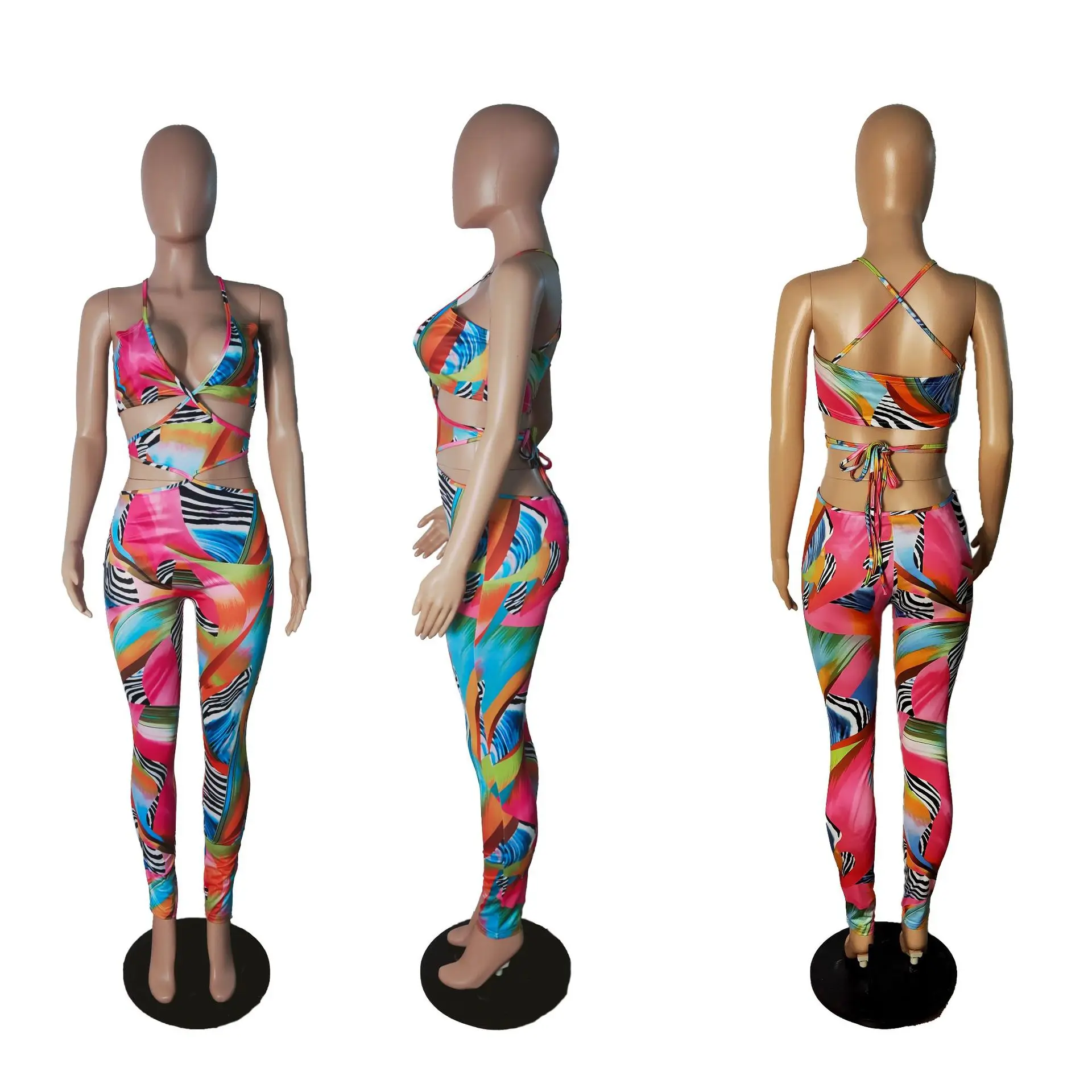 

Ladies' lace-up print stitching jumpsuit