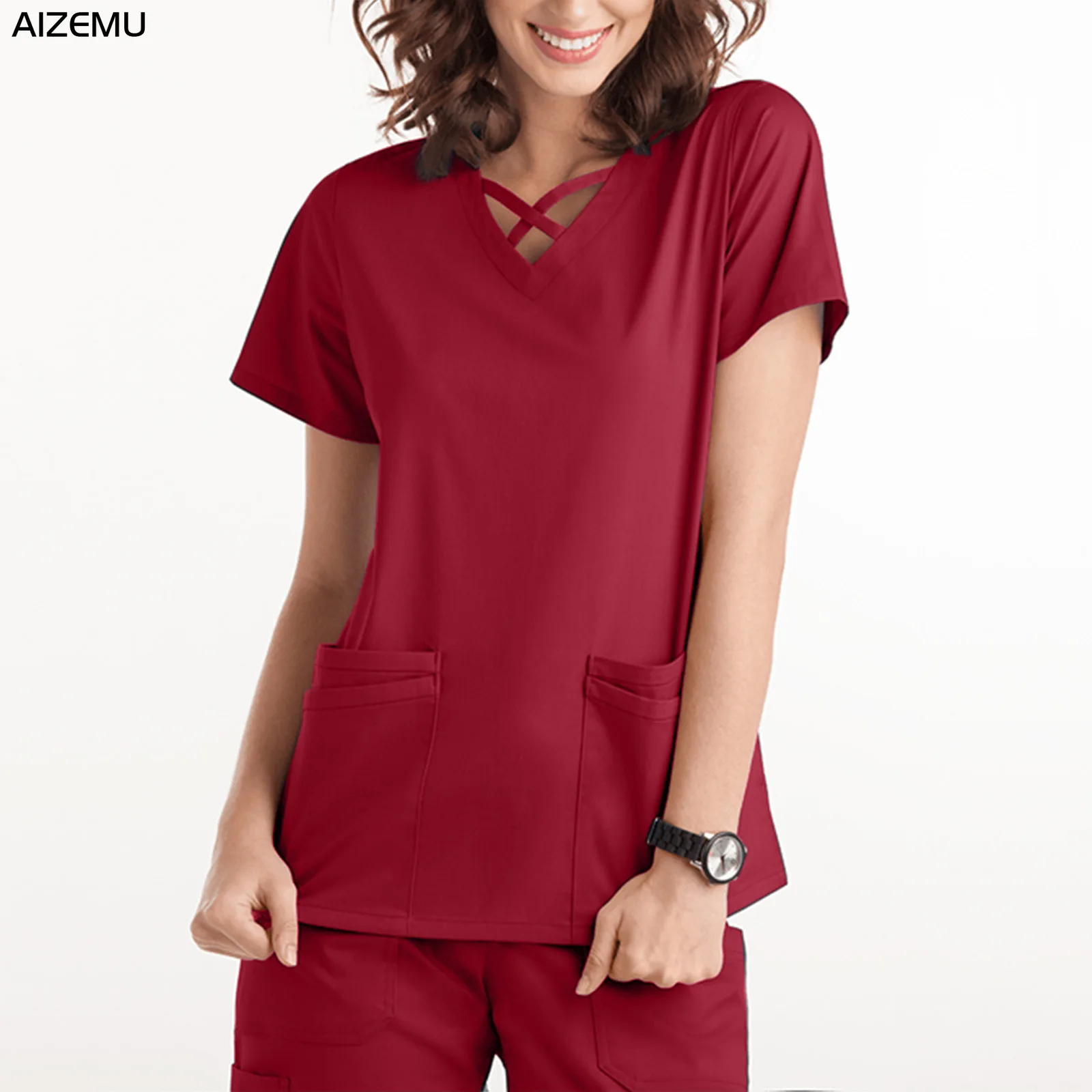 

Solid Scrub Tops with pocket Healthcare Tunic Women Short Sleeves Hospitality Maid Nurses Uniform Dentist Midwife Medical Scrubs