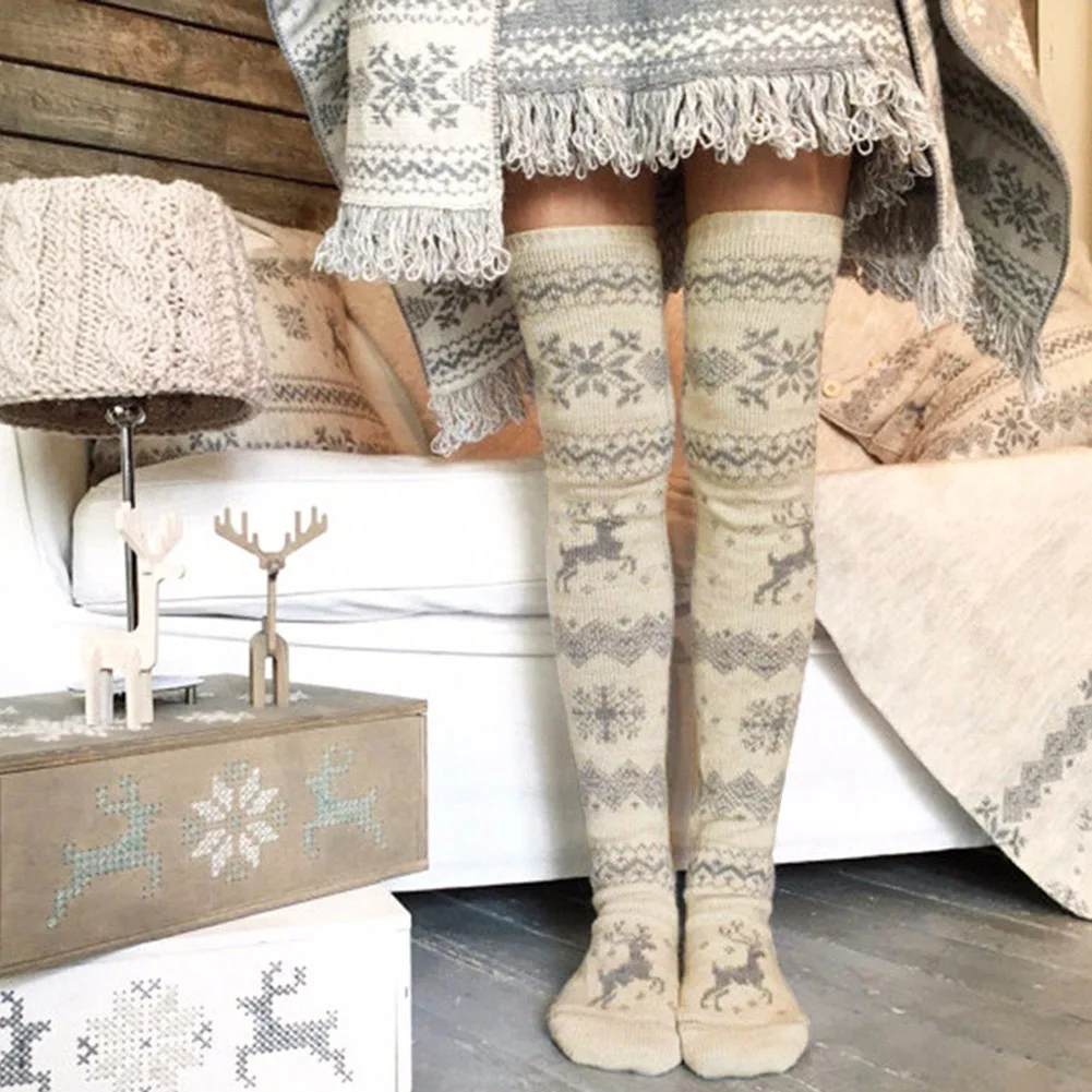 

Женские рождественские вязаные чулки, плотные, до бедра, длинные, с рисунком снежинок, оленей, B88