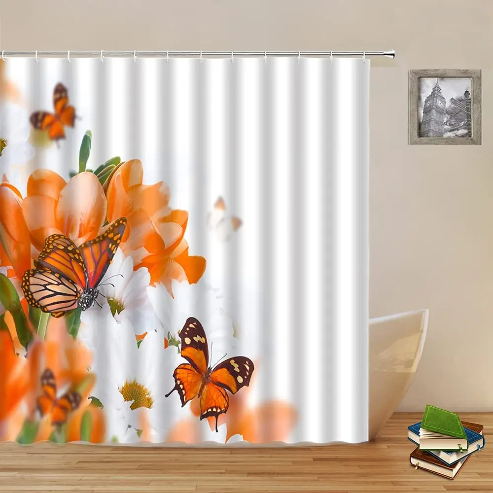 Flowers Butterfly Shower Curtains White Orange Beautiful Creativity Bathroom Decor Fabric Bath Hanging Curtain Sets With Hooks