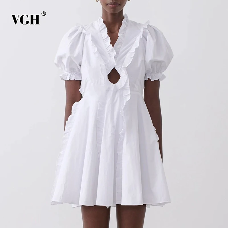 

Женское повседневное мини-платье VGH, белое ажурное платье с V-образным вырезом, короткими рукавами-фонариками, высокой талией и бантом на шну...