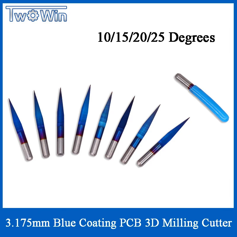 TwoWin 10 шт. 3 175 мм синее покрытие PCB 3D Фрезерный резак 10/15/20/25 градусов вольфрамовый