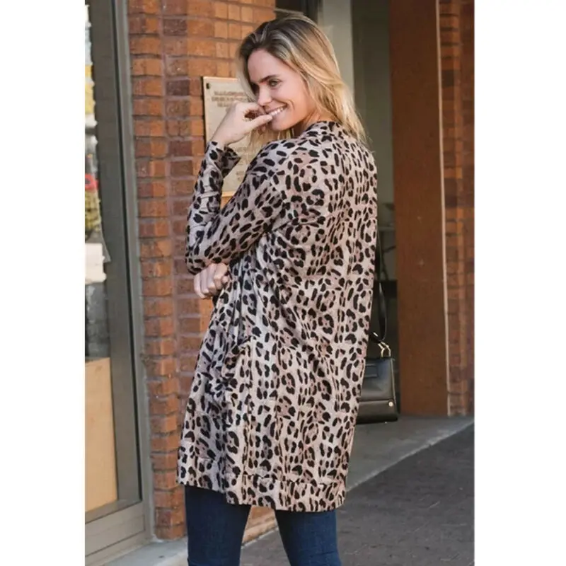 

2020 Women's Leopard Print Long Sleeve Cardigan Coats Poncho Casual Long Sleeve Jumper Tops Open Stitch Clothes