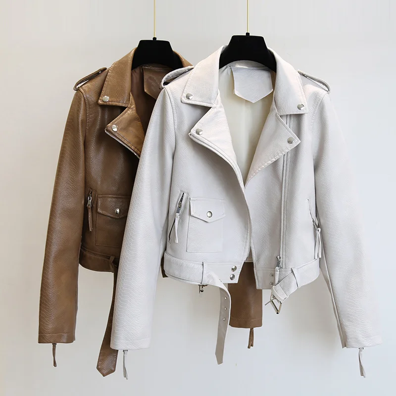 

Куртка женская демисезонная из искусственной кожи, модная однотонная приталенная уличная одежда, крутая Байкерская мото-куртка, верхняя од...