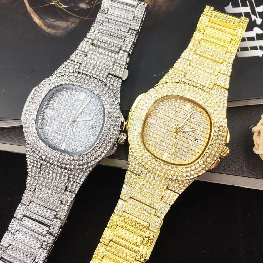 2021 Iced Out Часы Хип хоп золотые мужские кварцевые часы деловые женские