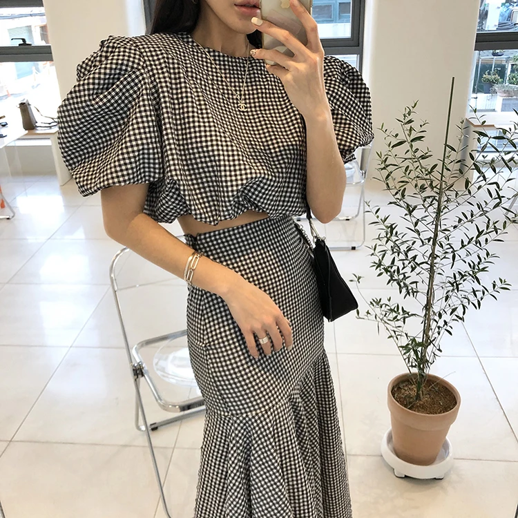 2021 New Summer Plaid Two Piece Set Women Puff Sleeve Shirt Crop Top & Bodycon Maxi Mermaid Skirt Korean Casual 2 |