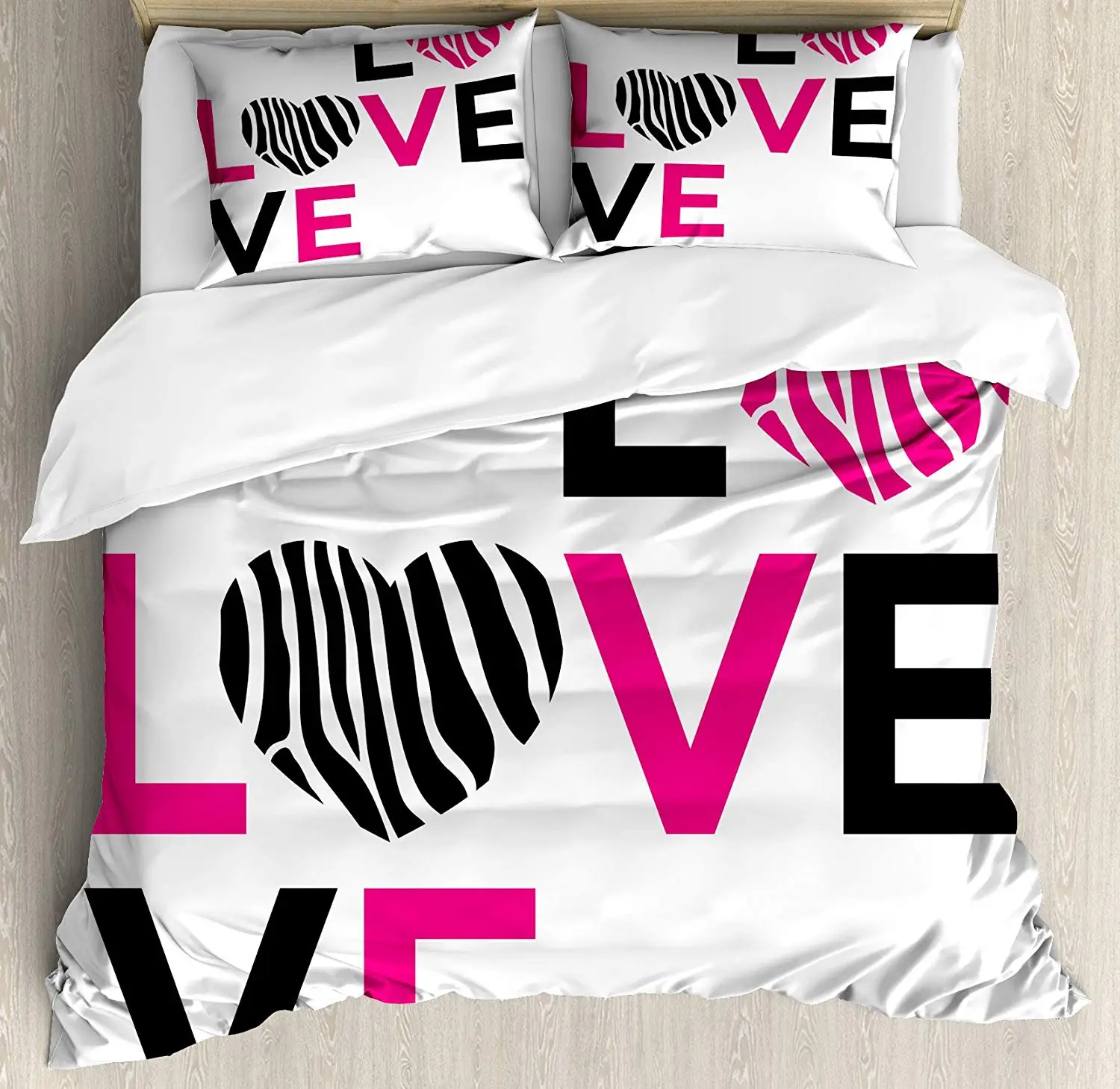 Pink Zebra Duvet Cover Set I Love You Calligraphy Zebra Stripes Hearts Valentines Illustration Decorative 3 Piece Bedding Set