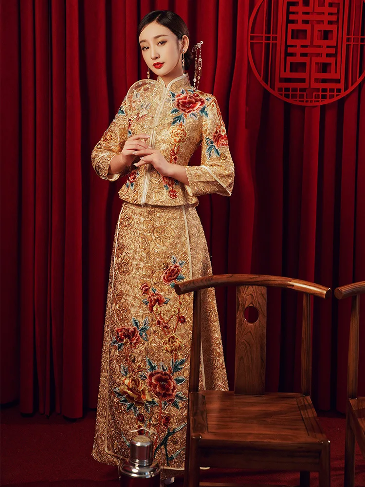 

Bling Embroidery Wedding Dress Chinese Women Cheongsam Chinese Style Marriage Set Oriental Bride Clothing Exquisite Lady Gift