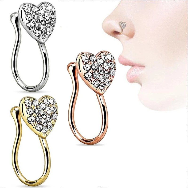 

1 pcs Fake Nose Ring Clip On Nose Ring Faux Nose Ring Fake Piercings Tragus Earrings Simple Crystal Heart Nose Ring Jewelry