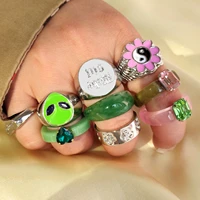 new green pink crystal acrylic enamel rings for women punk hip hop vintage silver color engraved letter heart metal ring jewelry