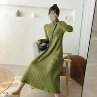 autumn winter one piece knitting dress women korean solid turtleneck bottoming sweater midi maxi dresses robe femme black dress