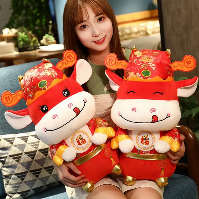 

2021 Year of the Ox Chinese New Year Decoration Toys Red Festive Mascot Plush Animal Toys Party Gifts for Children