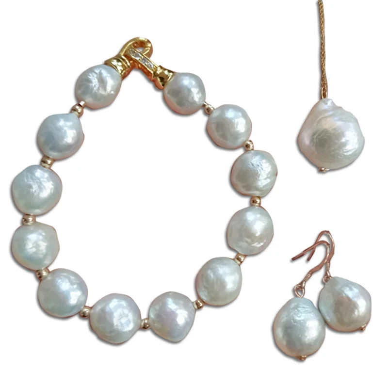 Fashion irregular natural White purple 11-14MM baroque edison shaped pearl earrings bracelet pendant necklace 40CM set | Украшения и