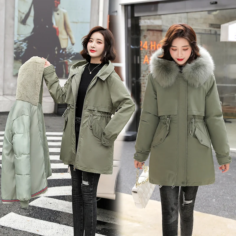 

Thick Warm Winter Coat Women Winter Jacket Fur Lining new 3-piece Hooded fur collar Female Mid-length Parkas jacket women
