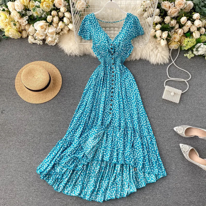 Женское летнее платье макси с цветочным принтом богемное асимметричное рюшами и