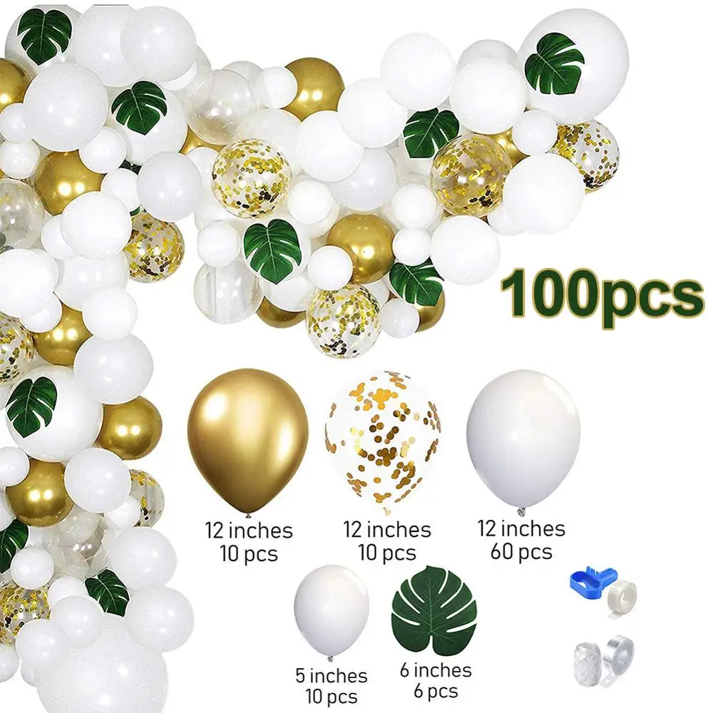 

100x White Gold Party Theme Balloon Garland Set Artificial Palm Leaf Balloon Baby Shower Wedding Birthday Graduation Anniversary