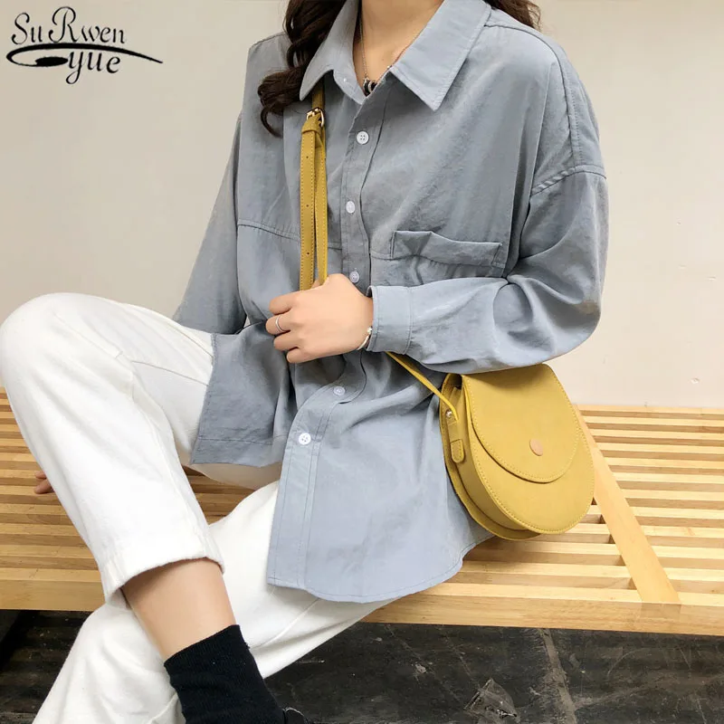 

2021 Spring Splicing Turn-down Collar Solid Female Shirt Minimalist Loose White Shirts Tops Women Cardigan Blouses Blusas 11890