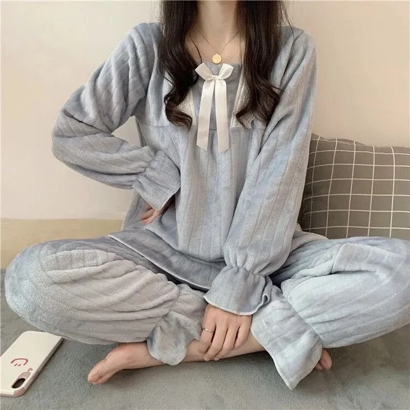 QWEEK Autumn Clothes Women Winter Pajamas Coral Fleece Solid Color Pijamas Ruffles Bow Sleepwear Flared Sleeves Pyjamas Room Set