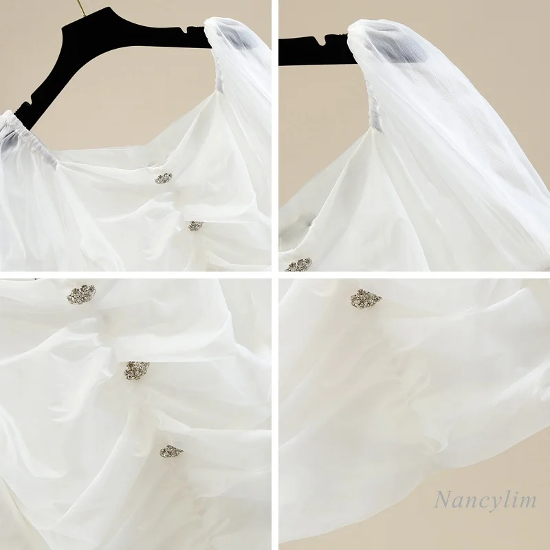 Chemise courte à manches bouffantes plissées et à col carré pour femmes, vêtement amincissant, De couleur blanche et noire