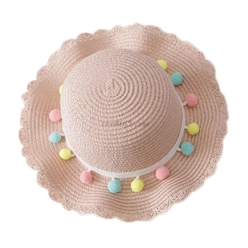 

Kids Girls Large Wide Brim Straw Woven Sun Protection Beach Hat Colorful Pompom Ball Summer Floppy Bucket Cap Portable Handbag