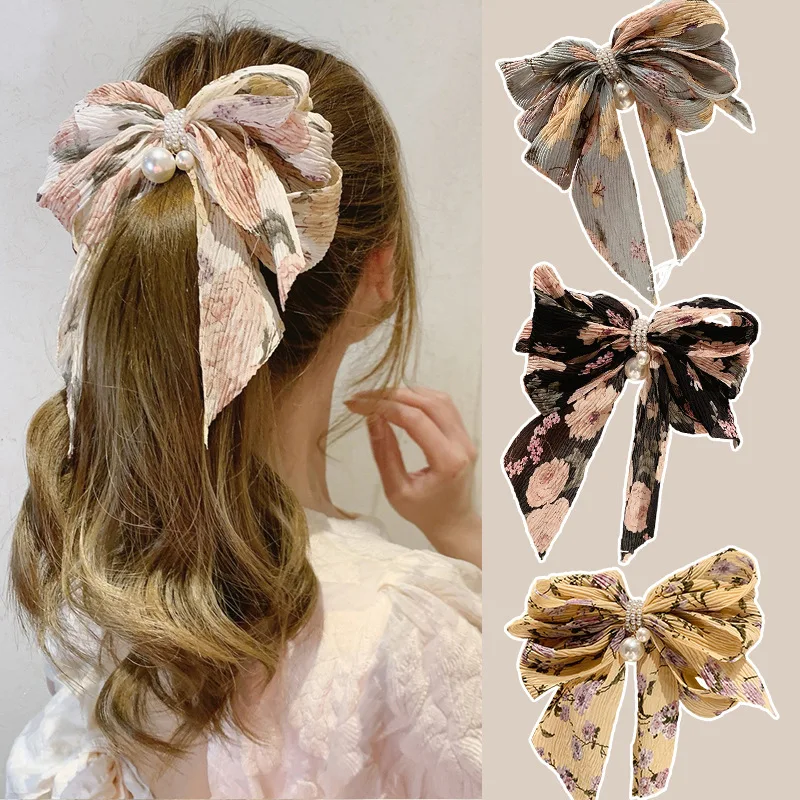 

Big Ribbon Bow Floral Printing Hairpin Back Head Korean 2021 Fashion Hairpin Headdress Hair Accessories Top Clip Spring Clip