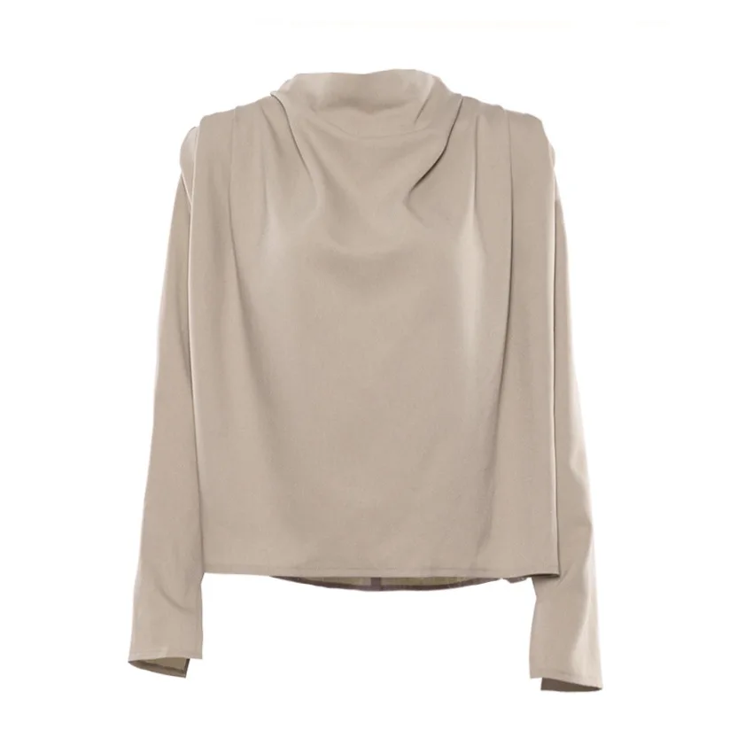 

Draped Solid Khaki Tops And Blouses Spring Elegant Office Blouse Women Ruched Work Top Long Sleeve Ladies Fashion Shirt 2021
