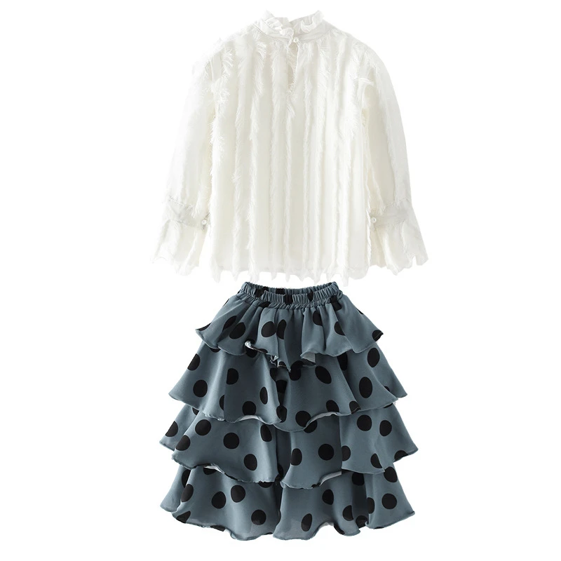 Модная детская одежда топ с бахромой для девочек рубашка + юбка в горошек