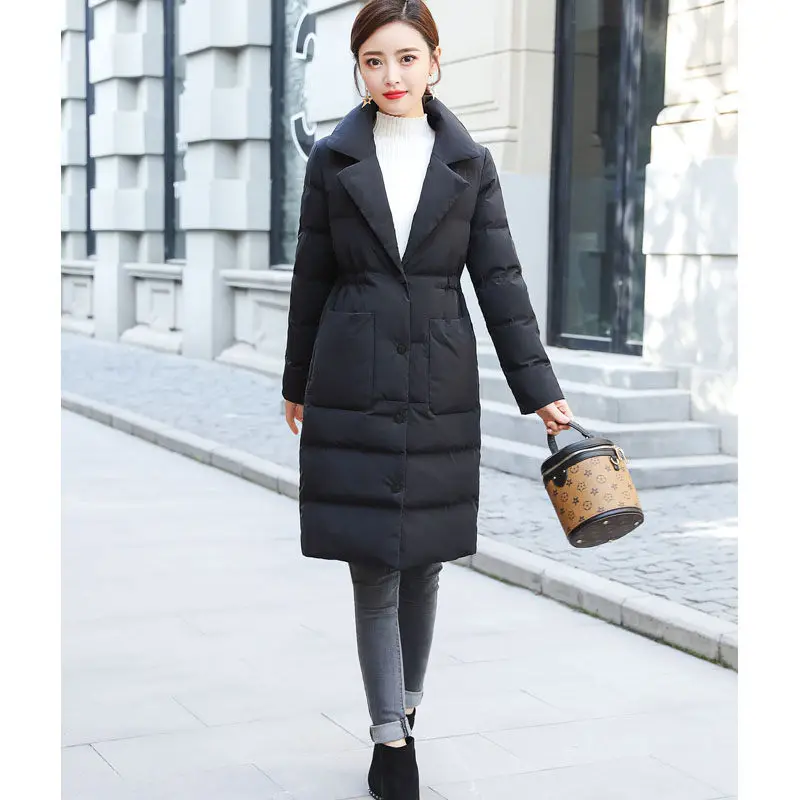 Женское хлопковое пальто с воротником стойкой длинное приталенное черное