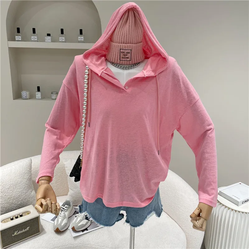 

Women's Spring Summer 2021 Fashion Loose Pullover thin Hoodie long sleeve Solid Hooded Sweater