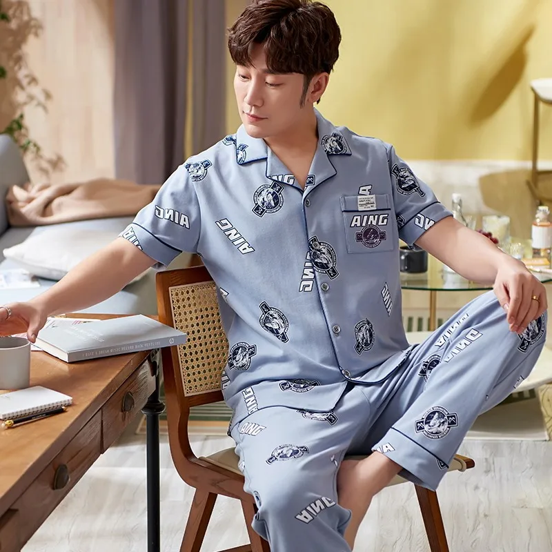 (Tops + Pants) Men's Pure Cotton Short Sleeve Pajamas Suit Casual Fashion Printed Loose Thin Lapel Cardigan Home Service 2021
