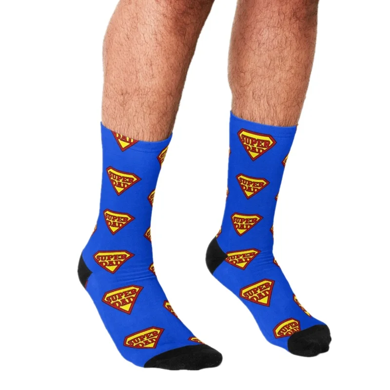 

2021 Funny Father's day Men's socks blue Super Dad Printed rock hip hop Men Happy Socks boys street style Crazy Socks for men