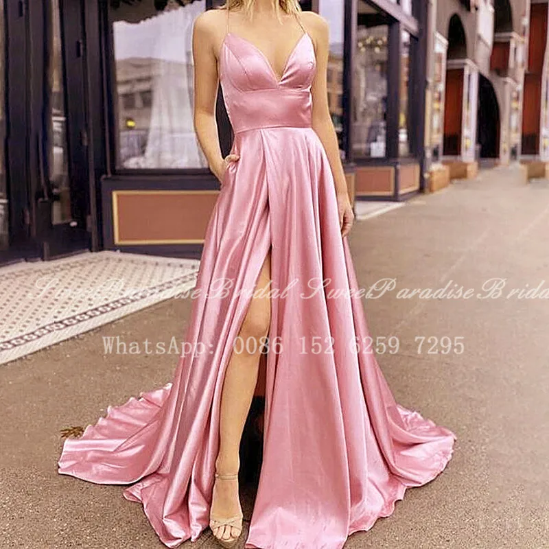 

Pink Bridesmaid Dresses Long Sweep Train Sexy Spaghetti Strap Side Split A Line Criss Cross Back Wedding Party Dress Vestidos