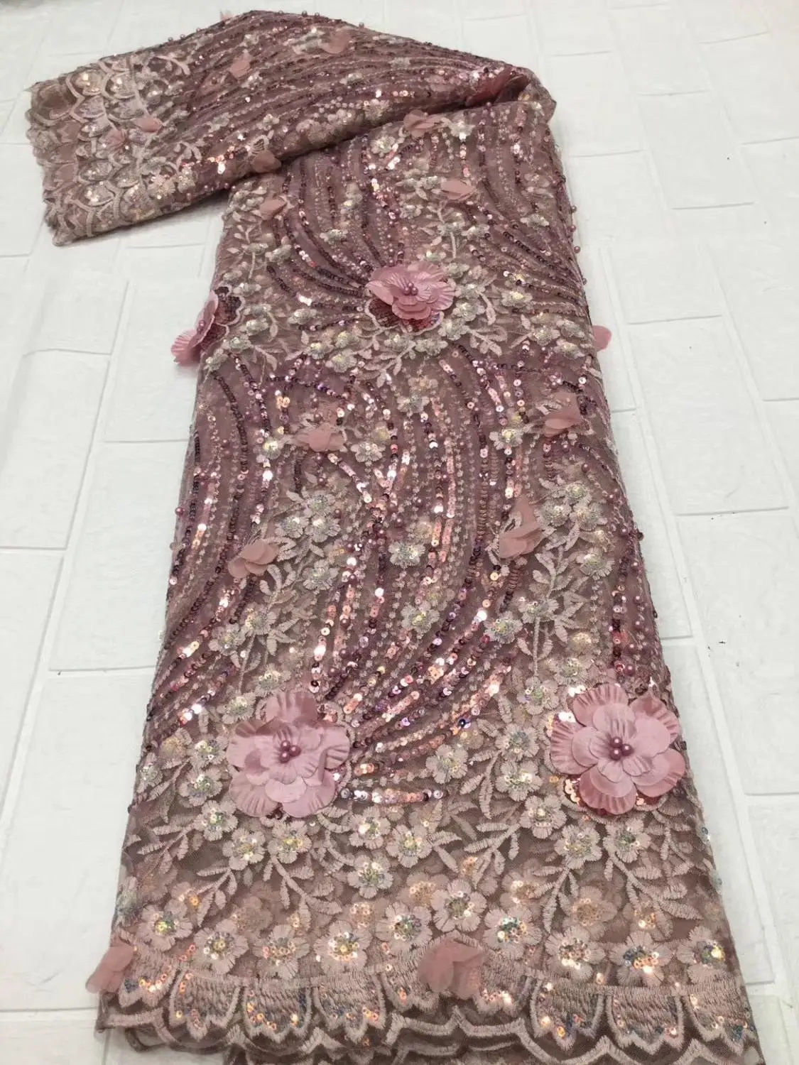 Персиковая кружевная ткань Высококачественная для свадебного/вечернего платья 5