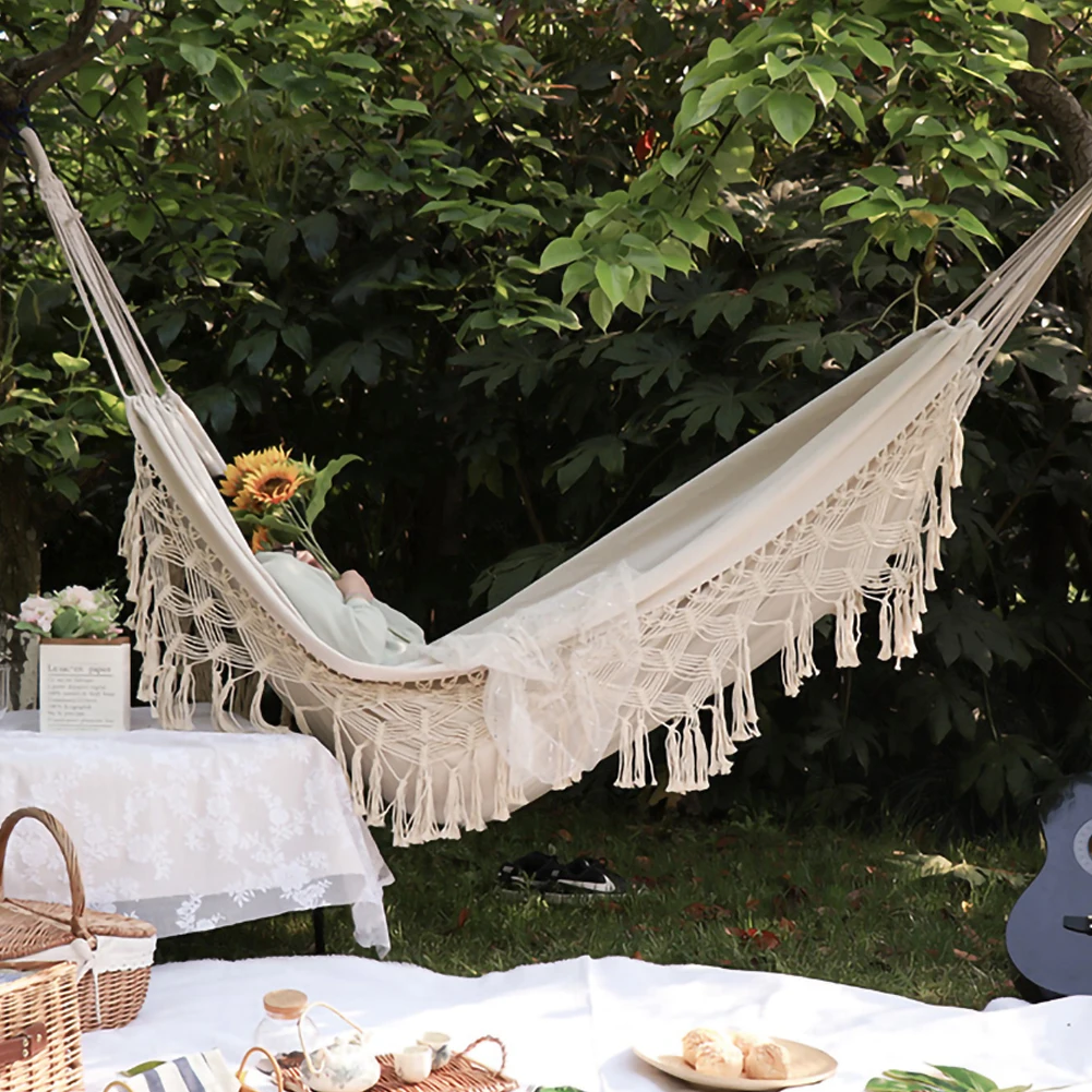 

Hammock Brazilian Style Macrame Fringed Deluxe Out/Indoor Hanging Hammock Net Swing Chair Indoor Hanging Swing