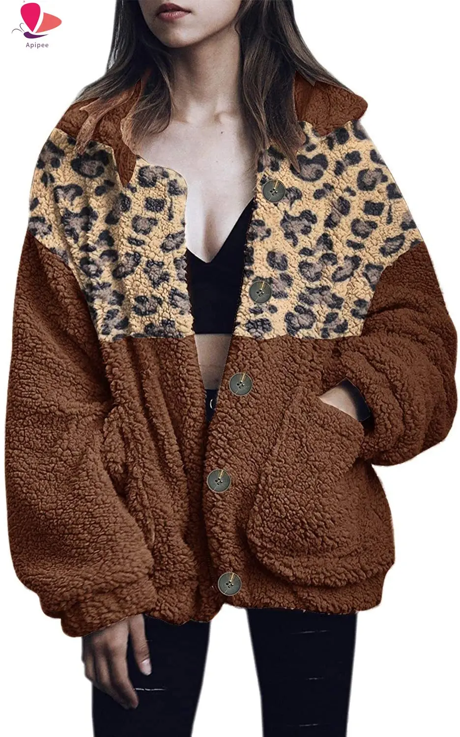 

Women's Leopard Coat Casual Lapel Fleece Faux Shearling Button Oversized Outwear Jackets Outwear Streewear Leopard Tops Coat