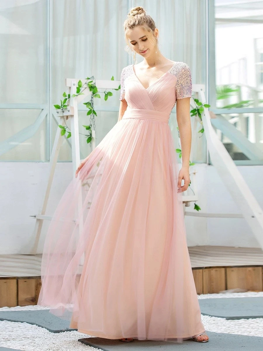 

Simple Sweetheart Tulle Prom Dress Sweet V Neck A-Line Wholesale Ever Pretty 2022 Wedding Dresses With Sequin Vestidos De Gala