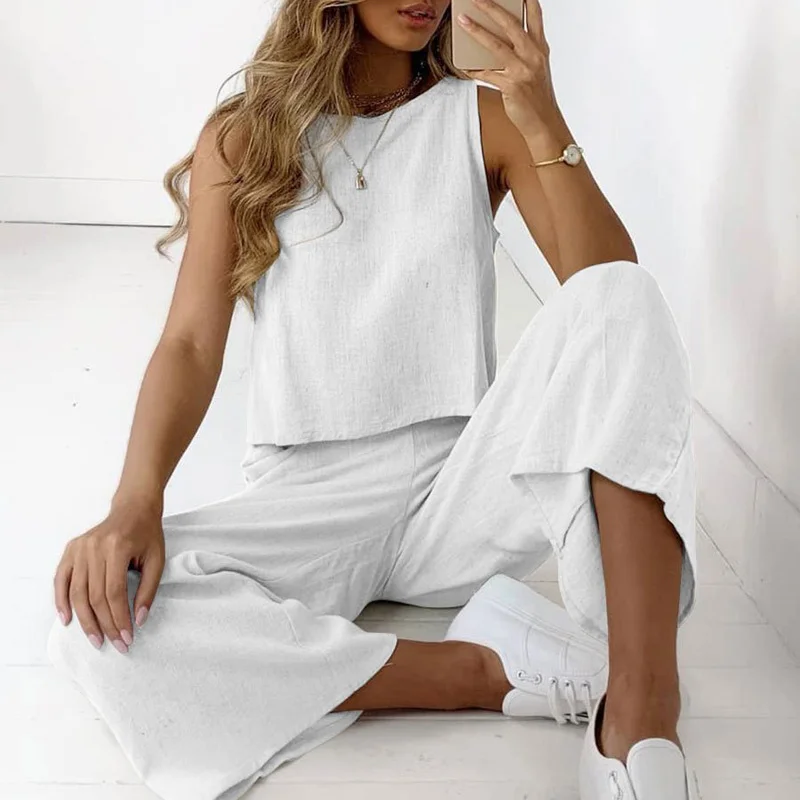 

YICIYA Women's linen suit, sleeveless casual wear, round neck shirt and slacks, two-piece suit, Jogging Set tracksuit,met