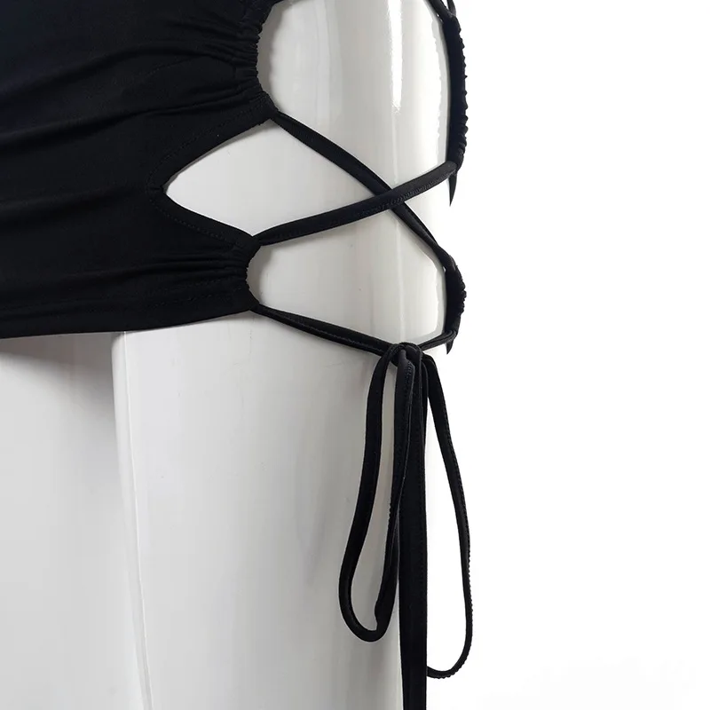 

Party Summer Dress Woman 2021 Inclined Shoulder Bandage Dress Solid Color Backless Side Hollow Out Draw String Sexy Dress