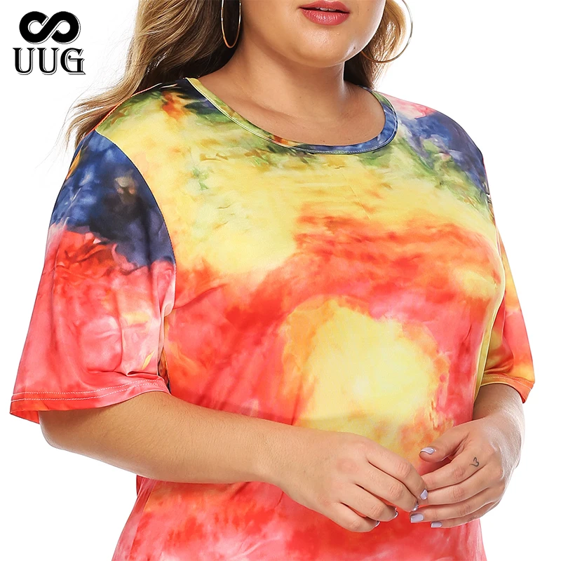 

UUG Large Size Fashion Summer Dress Women's Dyeing Color Printing A-line Short-sleeved Slim Evening Party Beach Summer Sundress