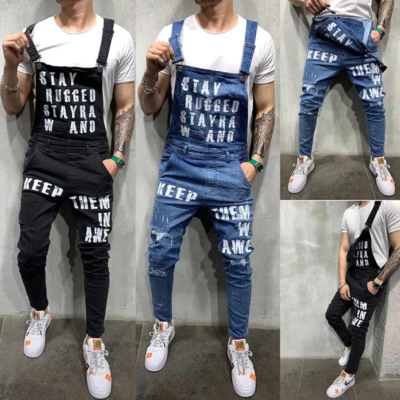 

Nice Men's Vogue Alphabet Printing Ripped Jeans Connection Summer Casual High Street Slim Denim Bib Overalls For Man Suspen