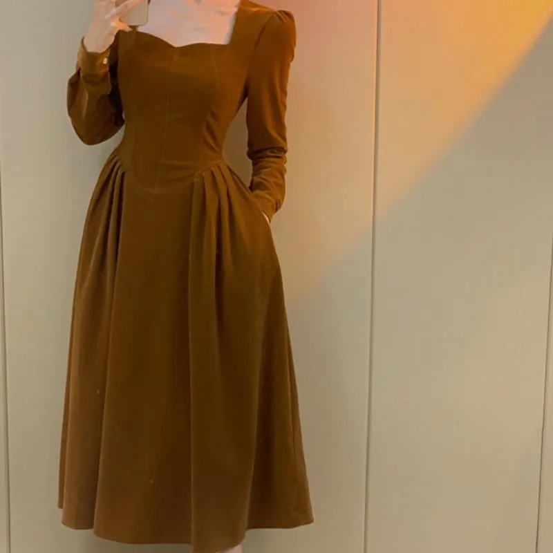 

France Vintage Dress Women Autumn Winter Solid Retro Elegant Evening Party Midi Dress Long Slevee Korean Style Dress Fairy 2021