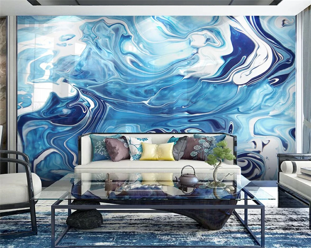 Настенная бумага на заказ тихая мраморная роспись синие чернила для гостиной