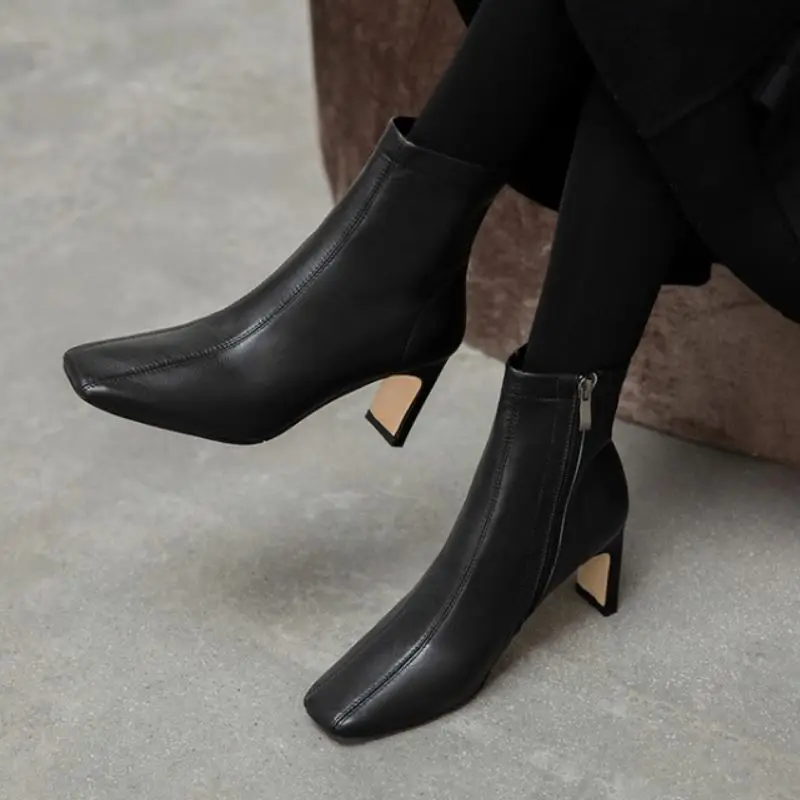 

RIZABINA Size 33-42 Women Ankle Boots Real Leather High Heel Winter Shoes Woman Fashion Zipper Sexy Party Office Lady Footwear