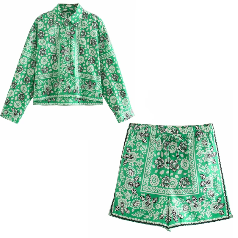 

TRAF Shorts Women Za 2021 Green Print High Waist Short Pants Woman Summer Elastic Waist Fashion Streetwear Loose Casual Shorts