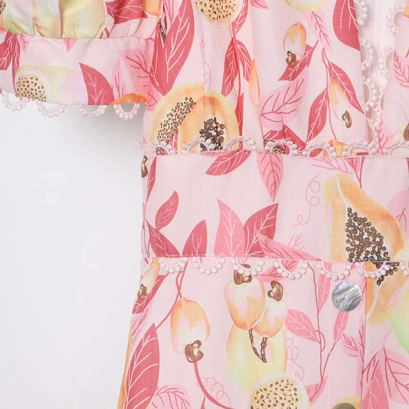 

SISPELL Print Hit Color Dresses For Female V Neck Puff Short Sleeve Patchwork Lace High Waist Slimming Ruched Women's Dress New