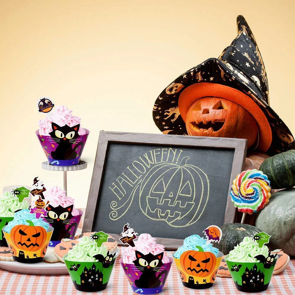 

24/48pcs Halloween Cake Decor Trick Or Treat Party Black Cat Party Horror Ghost Party Happy Halloween Party Decor For Home 2021