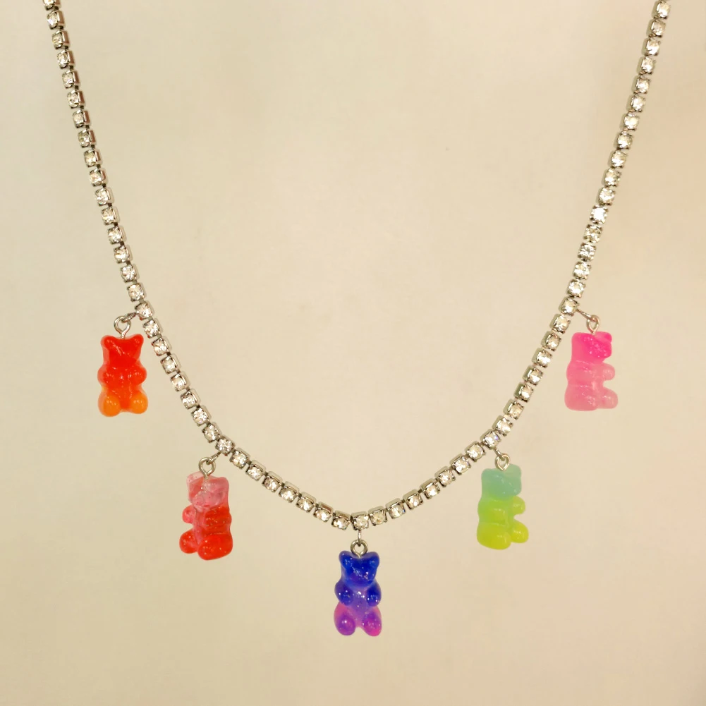 

Candy Color Gradient Gummy Bear Pendant Crystal Chain Necklace For Women Iced Out Rhinestone Choker Punk Hip Pop Couple Jewelry