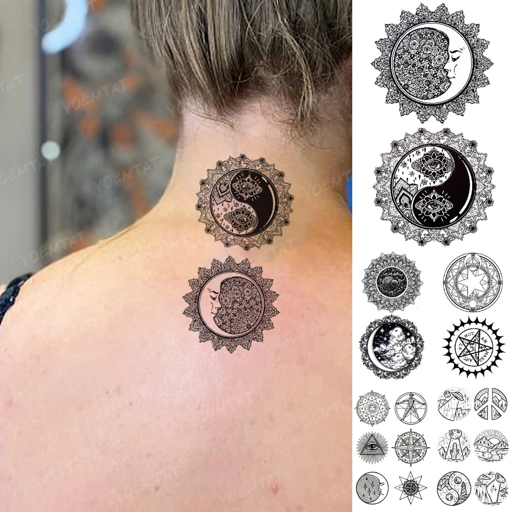 

Waterproof Temporary Tattoo Sticker Moon Eye Mandala Henna Flash Tatto Woman Black Line Body Art Arm Fake Tatto Man Cool Things
