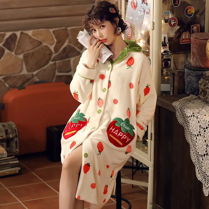 Facecloth Nightgown Women's Autumn and Winter Long Coral Velvet Pajamas Female Winter Thickened Students Cute Home Clothes